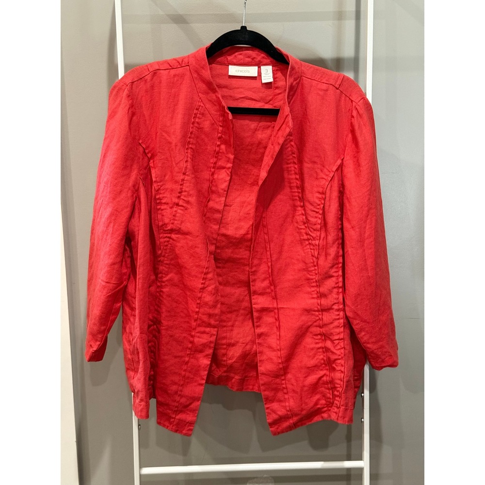 Chicos Red 100% Linen‎ Open Front Jacket Mandarin Collar 3/XL Lagenlook Coastal